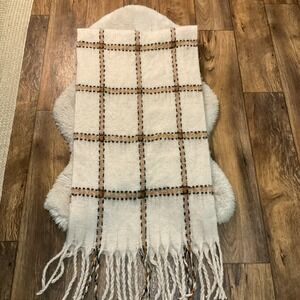 Anne Klein Scarf Fringed Plaid Neutral Cream Tan Black Large Blanket‎ Cozy Soft
